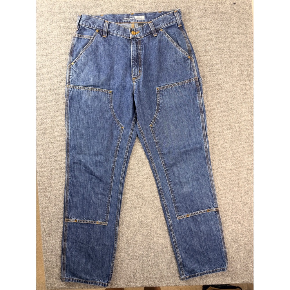Carhartt Mens 32x34 Blue Cotton Loose Fit Double Front Logger Workwear Jeans MX